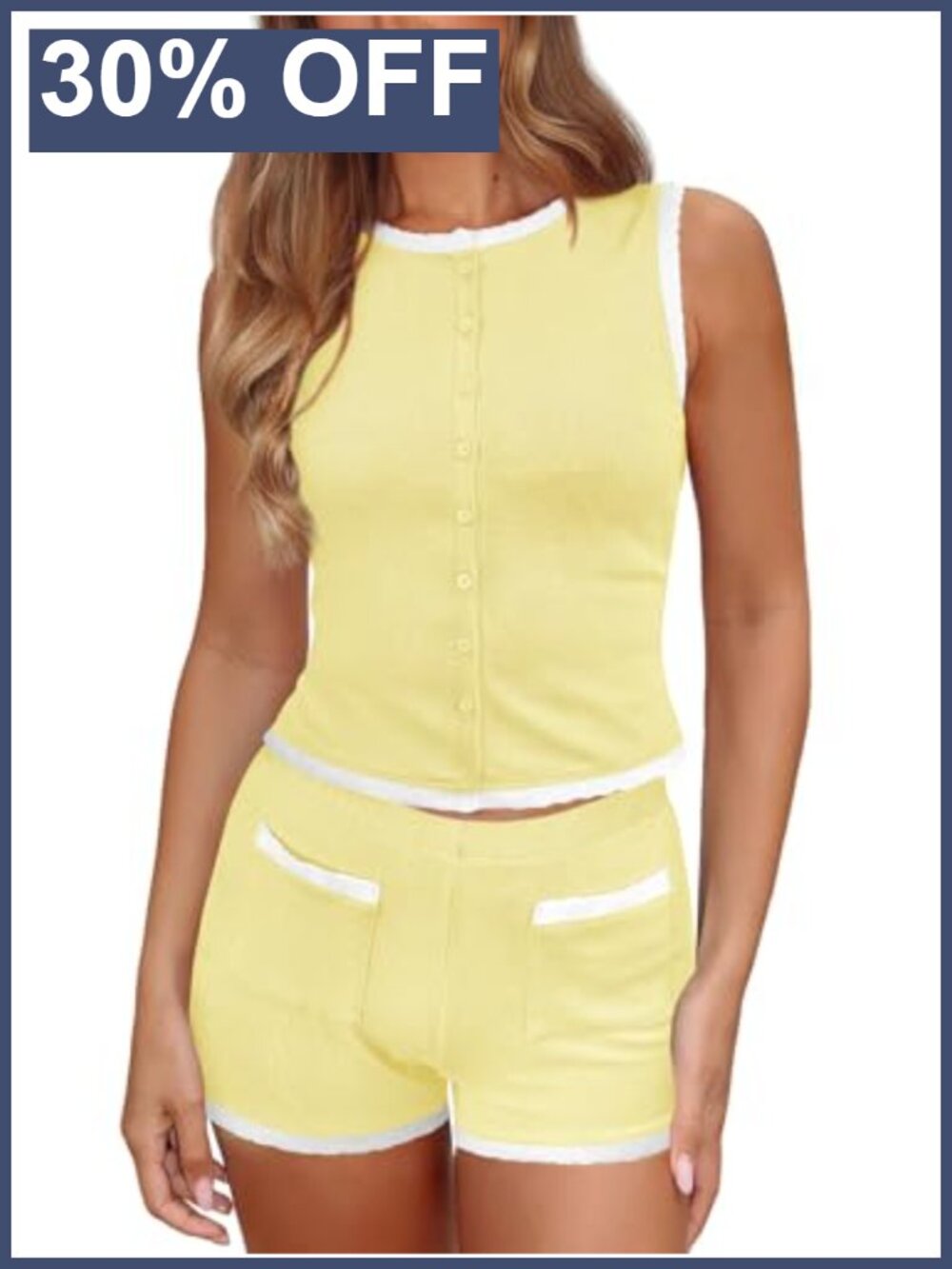 Ribbed Knit 2 Piece Set Sleeveless Button Tank & Shorts Lounge Vacation